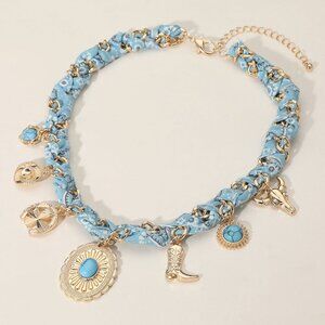 New Western Boho Cowgirl Bandana Gold Dipped Concho Boot Stone Charm Necklaces